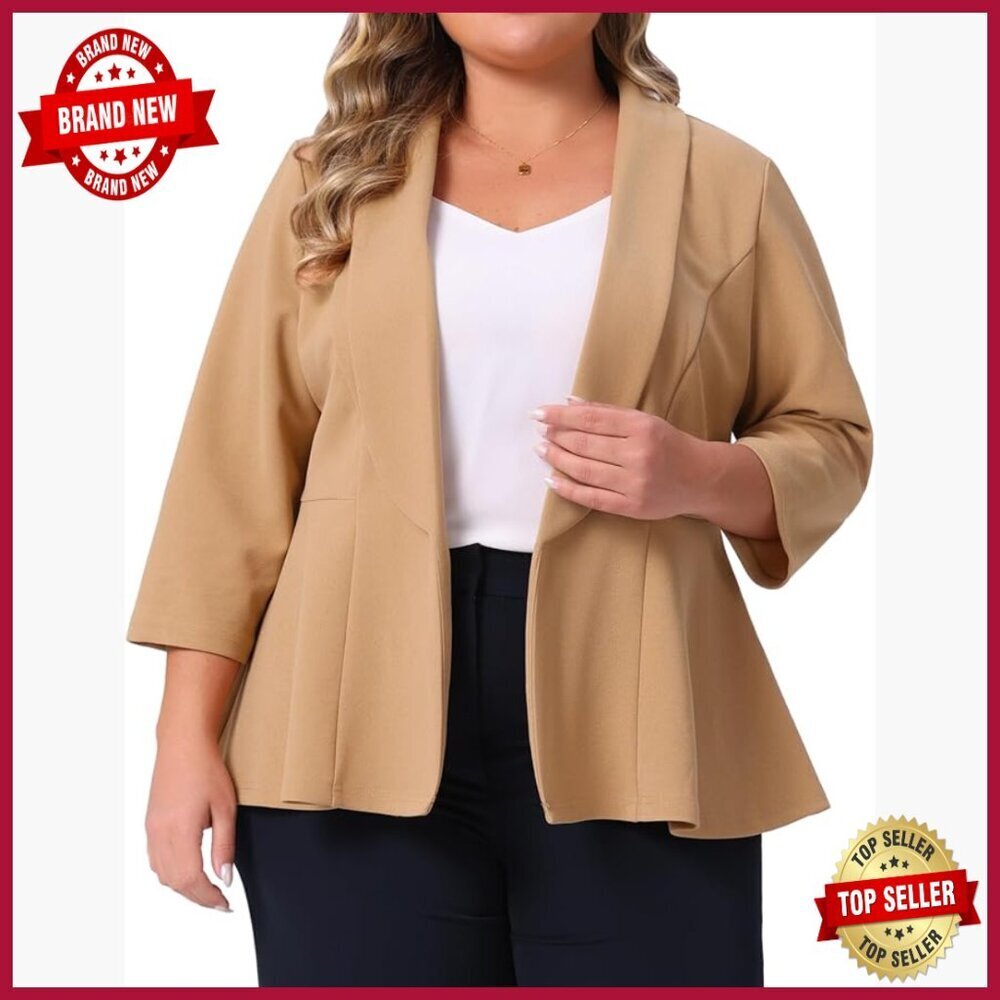 Plus Size 3/4 Sleeve Peplum Blazer Open Front Work Casual